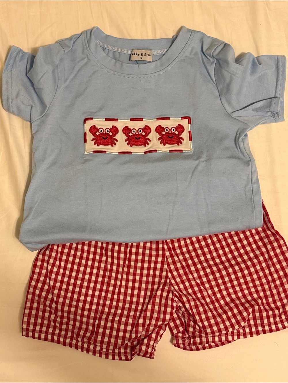 Sky Blue Short Sleeve Tee with Red Crab Appliqué - Kids